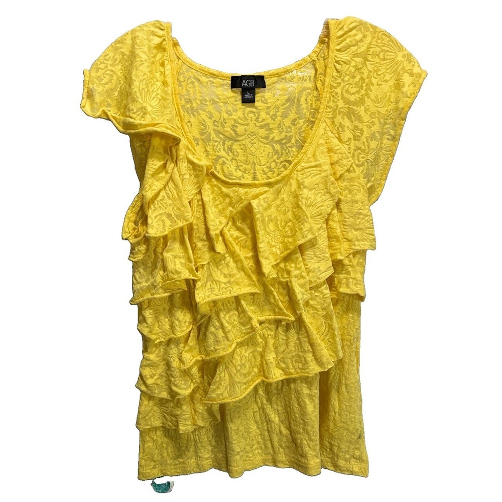 AGB Yellow Ruffles Tiered Short Sleeve Size L Semi Sheer Floral Scoop